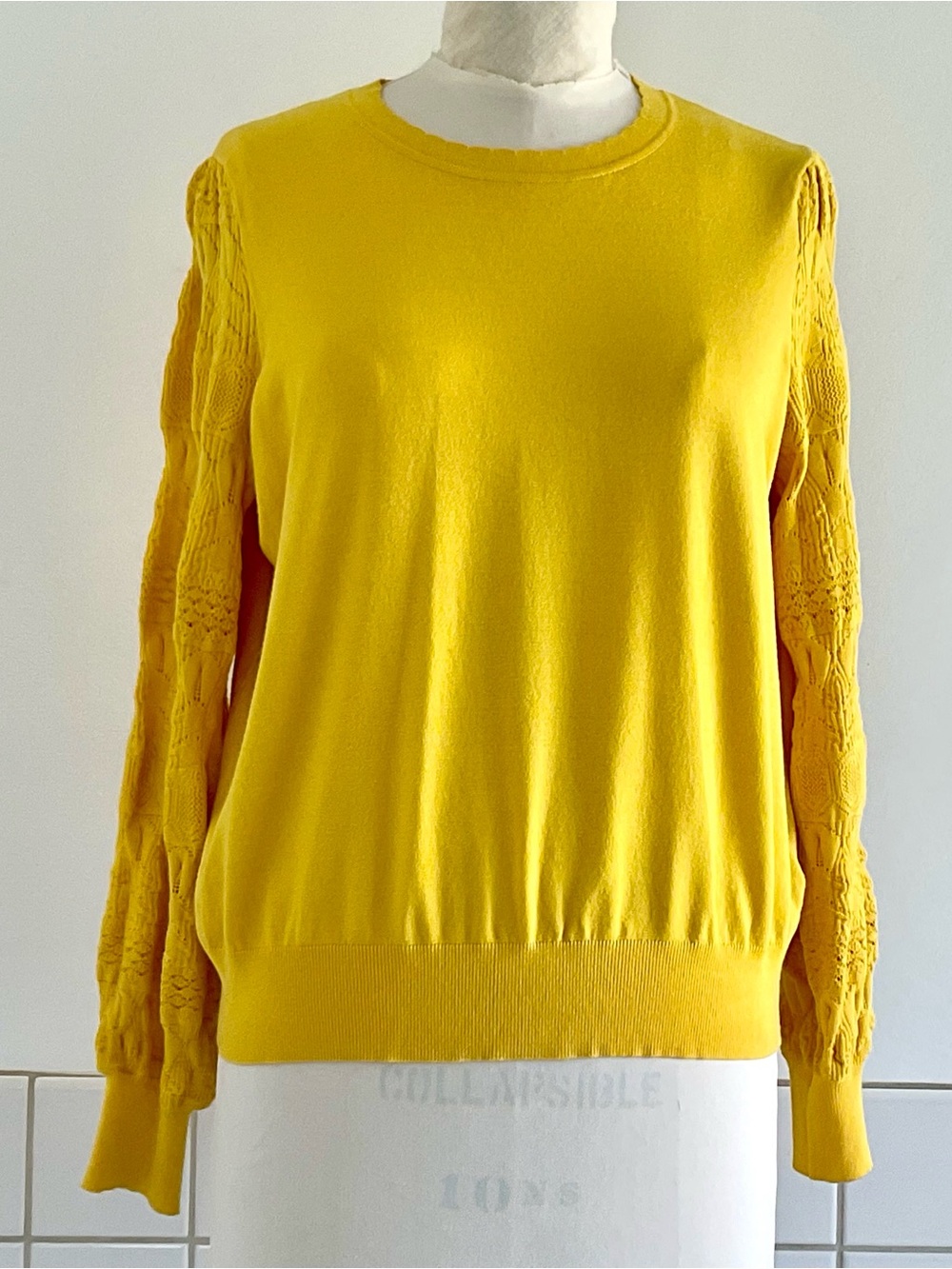 Who What Wear Yellow Crewneck Pullover Sweater Novelty Knit Sleeves. SZ: XL NWOT